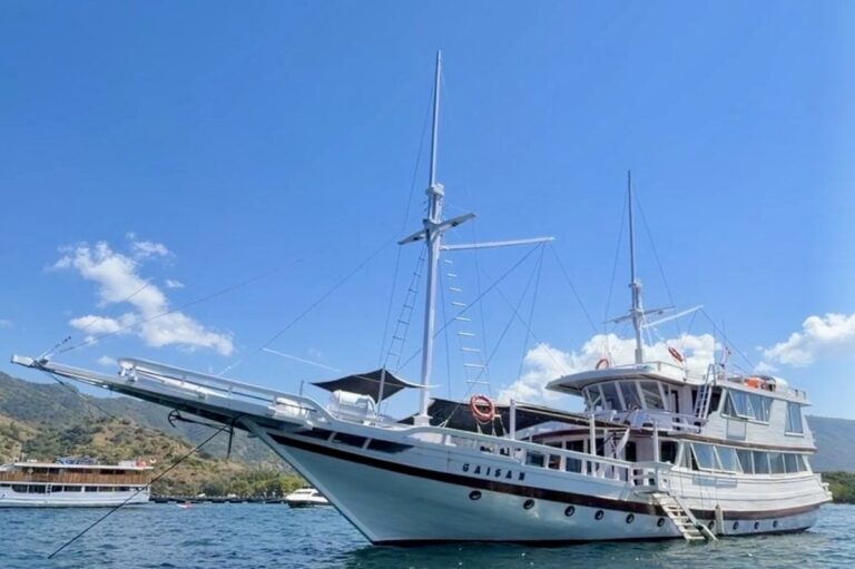 Traditional Indonesian phinisi liveaboard boat anchored in calm turquoise water off Komodo National Park, with green hills in the background