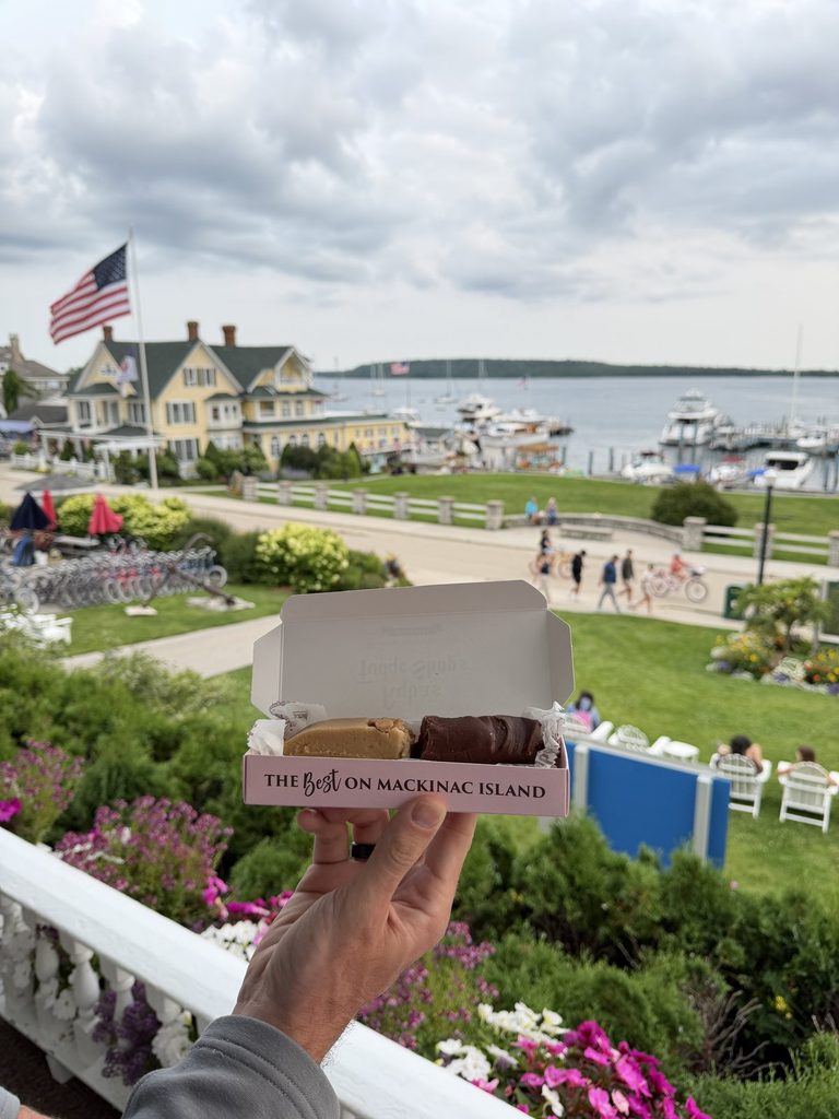 Fresh fudge on Mackinac Island overlooking the marina