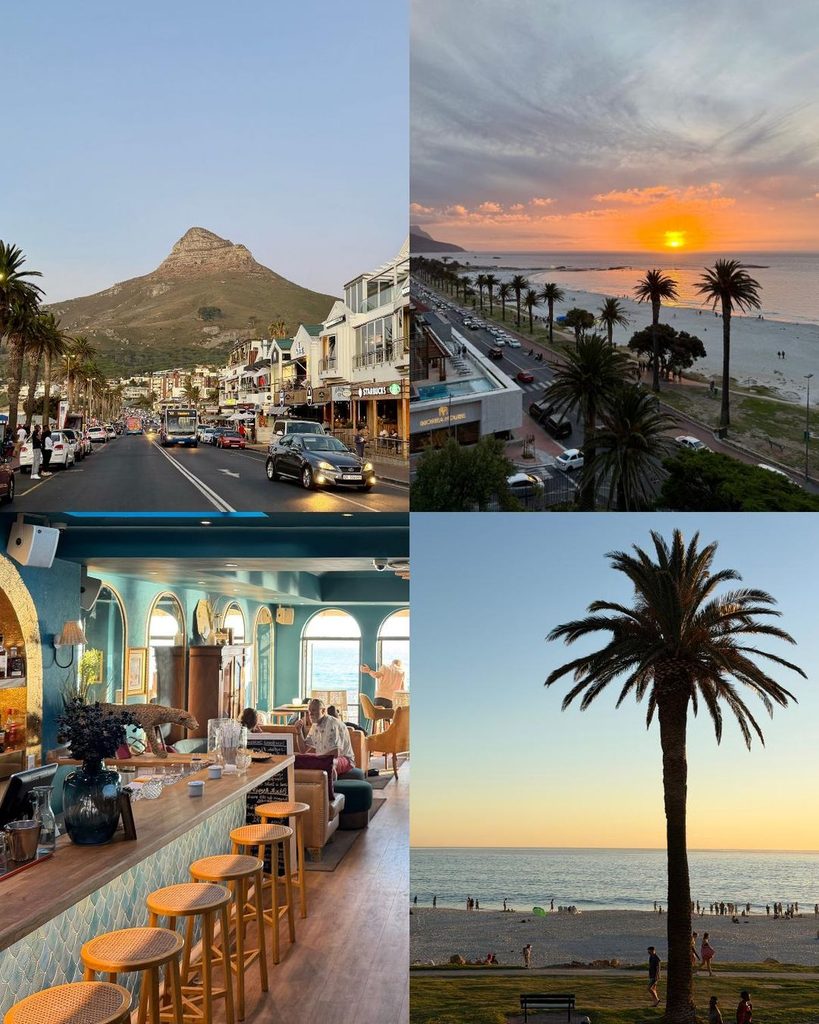 Camps Bay collage with Lion's Head over the palm-lined main strip, a golden sunset over the beach, a blue-tiled seaside bar, and a palm tree at dusk