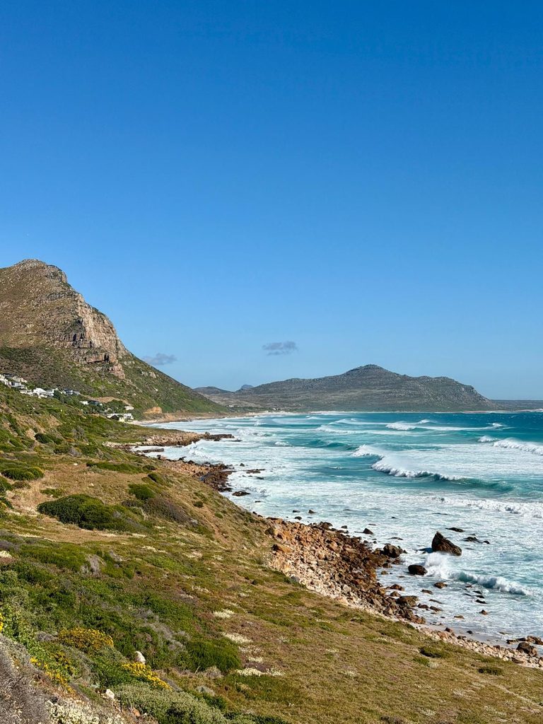 Turquoise waves crashing along the rocky Cape Peninsula coastline beneath a rugged mountain