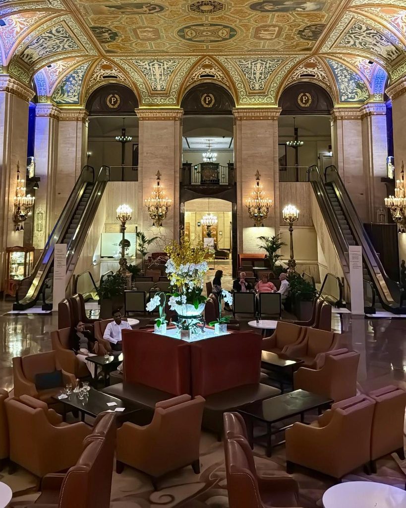 Ornate lobby of the Palmer House hotel in downtown Chicago