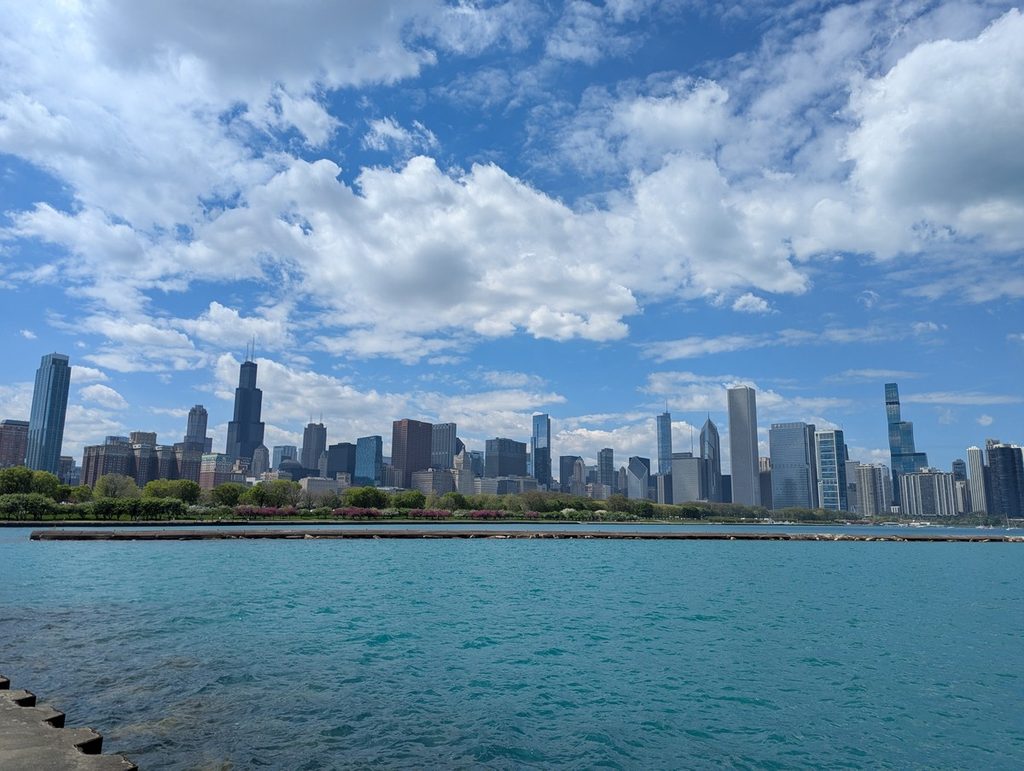 Chicago skyline view from the Lakefront Trail near the Adler Planetarium breakwater