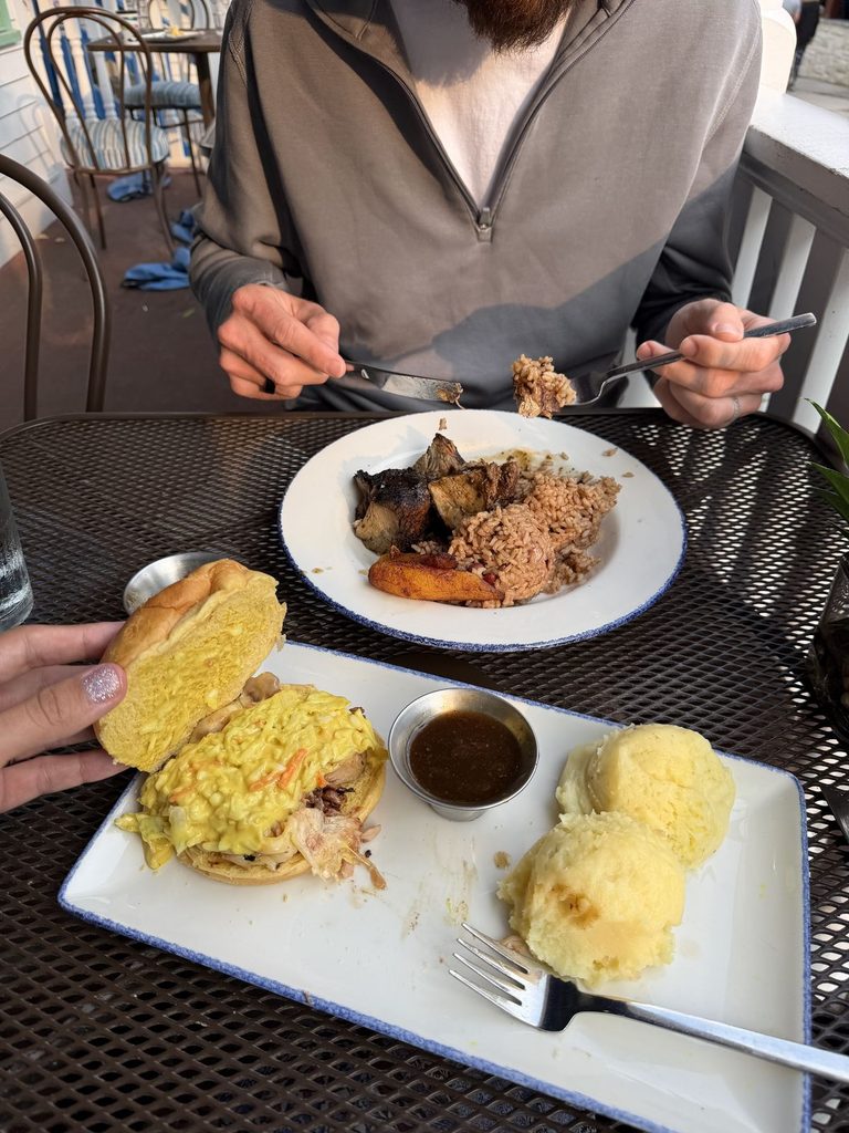 Jamaican-style plates on a Mackinac Island restaurant patio