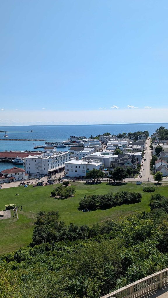 How to get to Mackinac Island: aerial view of the ferry docks and downtown from Fort Mackinac