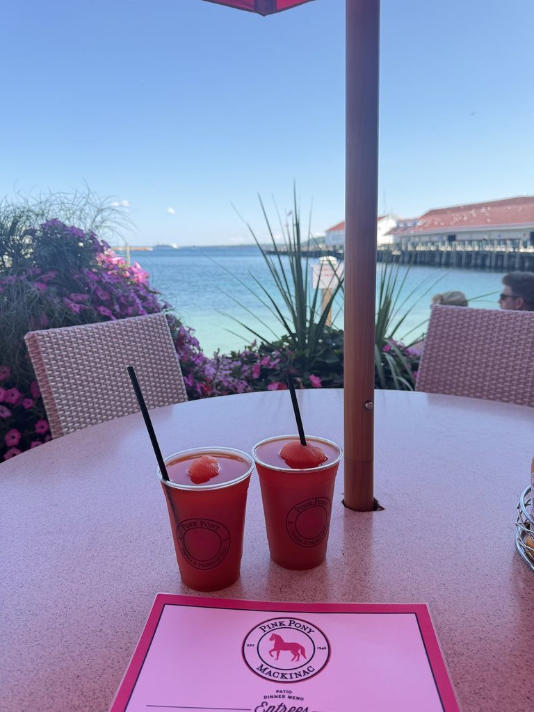 Pink Pony cocktails with a marina view on Mackinac Island